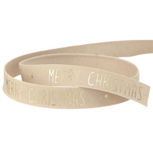 Floristik24 Natural velvet Christmas ribbon with &#39;Merry Christmas&#39; in gold Width 15mm Length 5m
