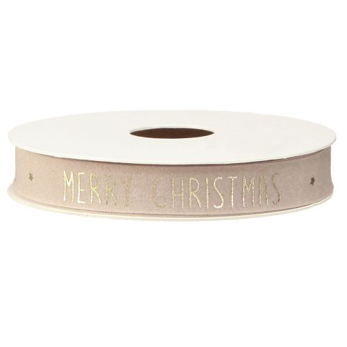 Floristik24 Natural velvet Christmas ribbon with &#39;Merry Christmas&#39; in gold Width 15mm Length 5m