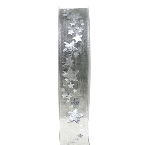 Floristik24 Deco ribbon organza with star motif gray 25mm 20m