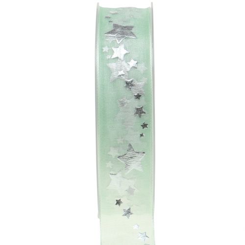 Floristik24 Deco ribbon organza with star motif light green 25mm 20m