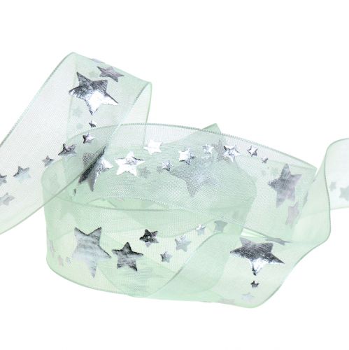 Floristik24 Deco ribbon organza with star motif light green 25mm 20m