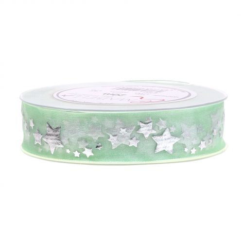 Floristik24 Deco ribbon organza with star motif light green 25mm 20m