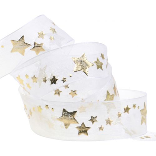 Floristik24 Deco ribbon organza with star motif white 25mm 20m