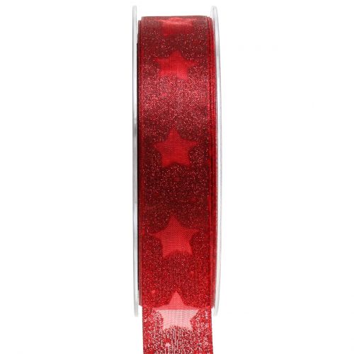 Floristik24 Organza ribbon with star motif red 25mm 15m