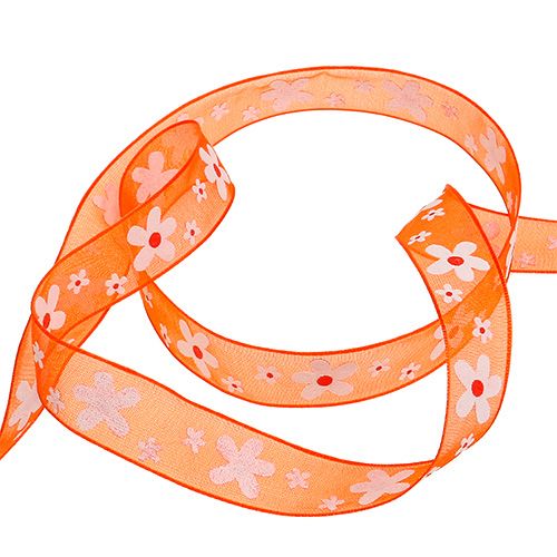 Product Orange organza ribbon with floral motif 15mm 20m