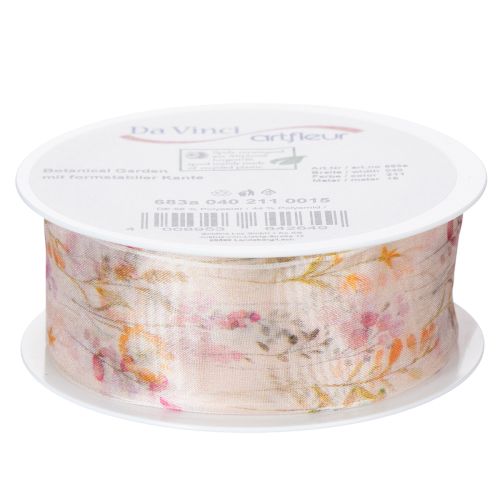 Product Organza ribbon, chiffon ribbon, floral, orange/pink, 40mm, 15m