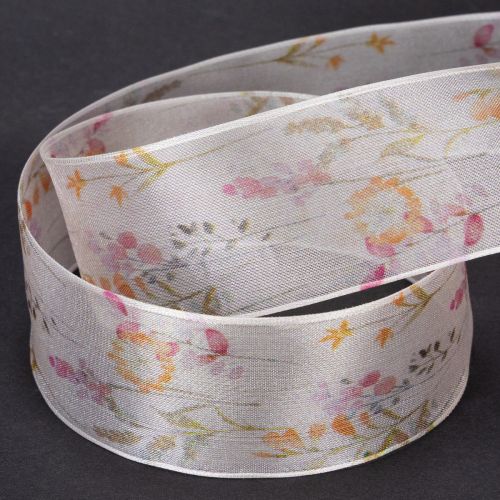 Product Organza ribbon, chiffon ribbon, floral, orange/pink, 40mm, 15m
