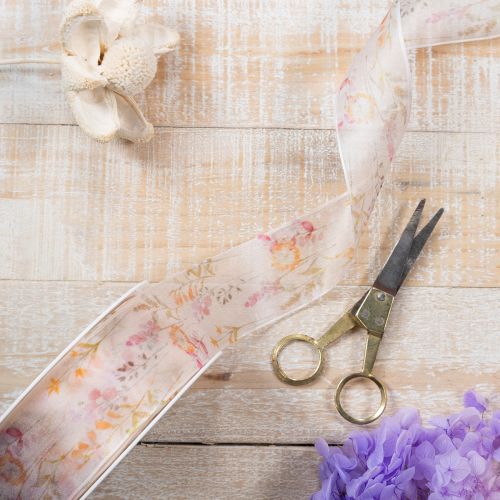 Product Organza ribbon, chiffon ribbon, floral, orange/pink, 40mm, 15m