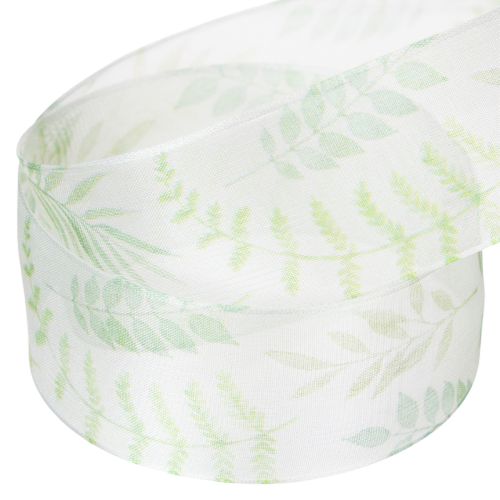 Product Organza ribbon, chiffon ribbon, green with leaf tendrils, 40mm wide, 15m long