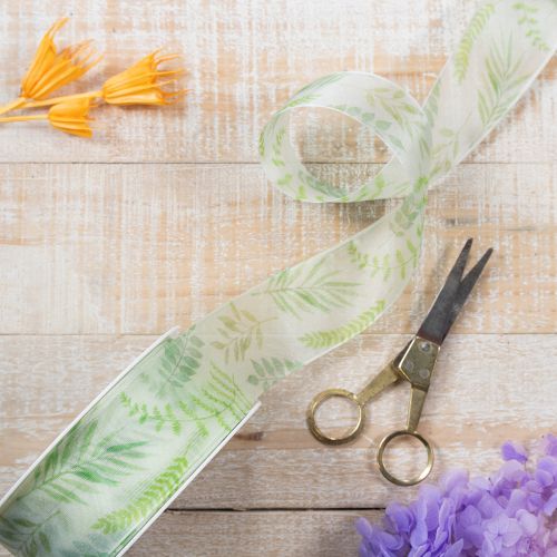 Product Organza ribbon, chiffon ribbon, green with leaf tendrils, 40mm wide, 15m long
