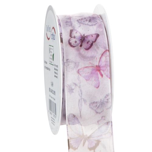 Organza ribbon, chiffon ribbon, butterflies, purple, 40mm, 18m