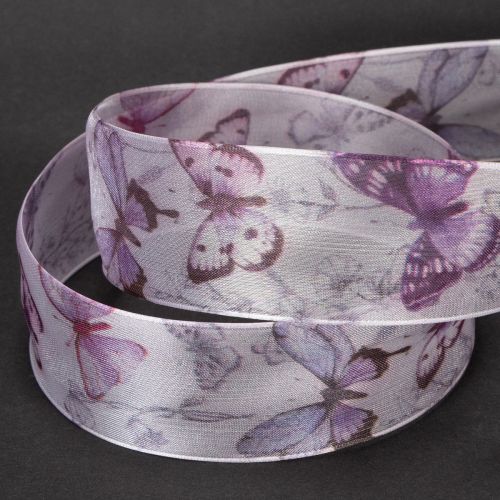 Product Organza ribbon, chiffon ribbon, butterflies, purple, 40mm, 18m
