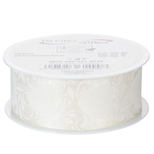 Product Organza ribbon, cream, decorative ribbon with hearts, 40mm wide, 15m long