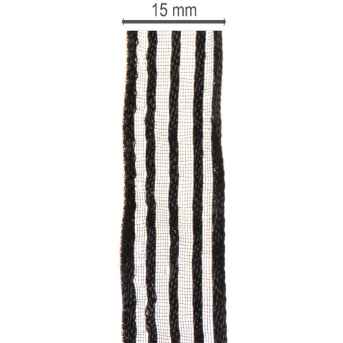 Product Organza ribbon with stripes, gift ribbon, black, 15mm wide, 20m long