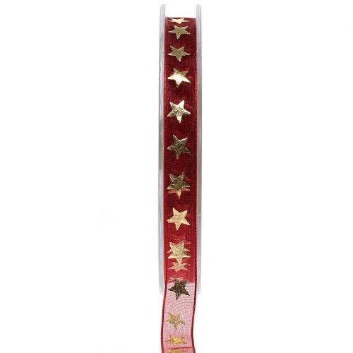 Floristik24 Organza ribbon dark red with gold stars 10mm 20m