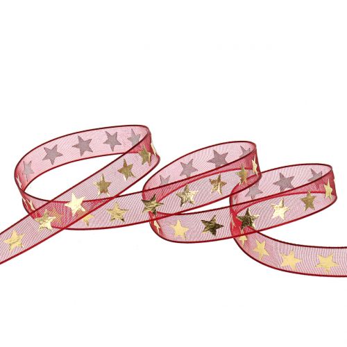Product Organza ribbon dark red with gold stars 10mm 20m