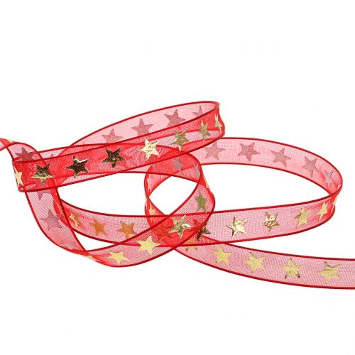 Product Organza ribbon red with gold stars 10mm 20m