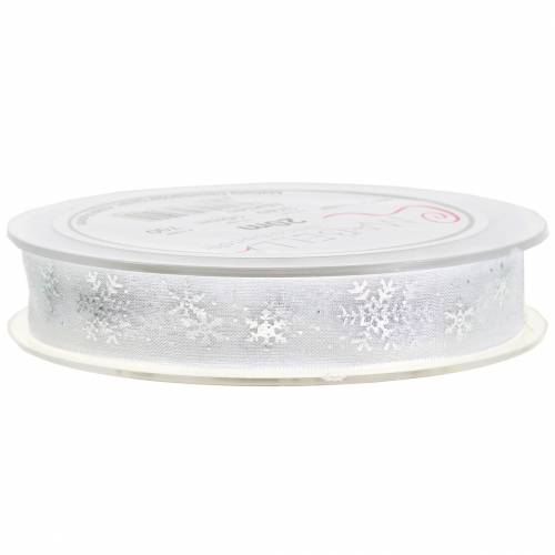 Floristik24 Organza ribbon with snowflake white 15mm 20m