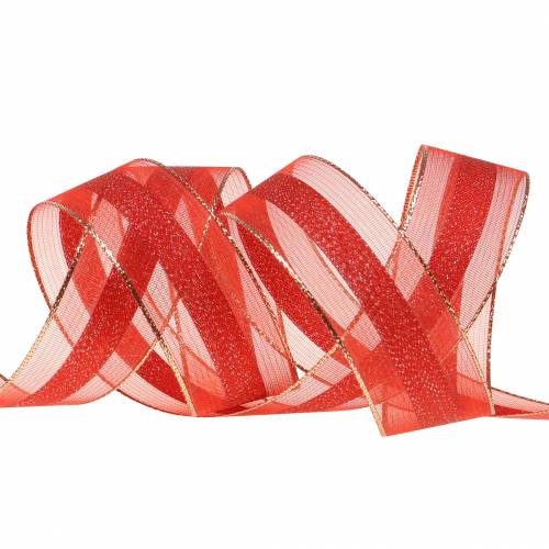 Floristik24 Organza ribbon with stripes pattern red 25mm 20m