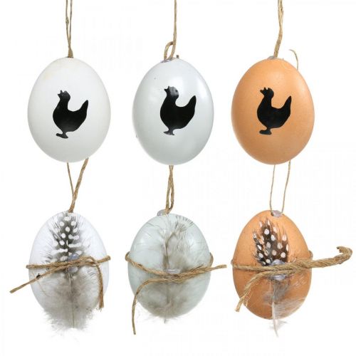 Easter decoration, chicken eggs for hanging, decorative eggs feather and chicken, brown, blue, white set of 6