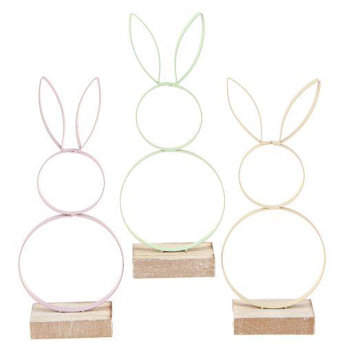 Easter Bunny Decoration Metal Wood Yellow Mint Pink H21cm 3 Pcs