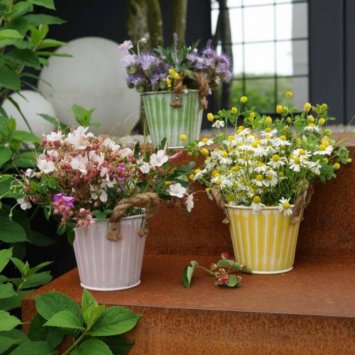 Product Decorative pot, metal bucket for planting, planter with handles, pink/green/yellow shabby chic Ø14.5cm H13cm set of 3