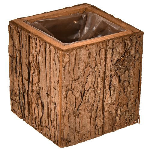 Square wooden planter with pine bark and planter 12×12cm