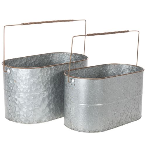 Floristik24 Plant pot with handle, metal pot, planter, silver, brown, H22/20cm L42/40cm, set of 2