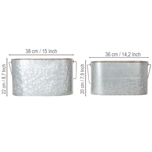 Product Plant pot with handle, metal pot, planter, silver, brown, H22/20cm L42/40cm, set of 2