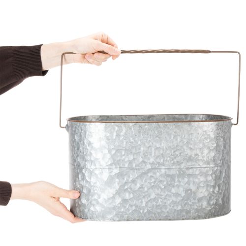 Product Plant pot with handle, metal pot, planter, silver, brown, H22/20cm L42/40cm, set of 2