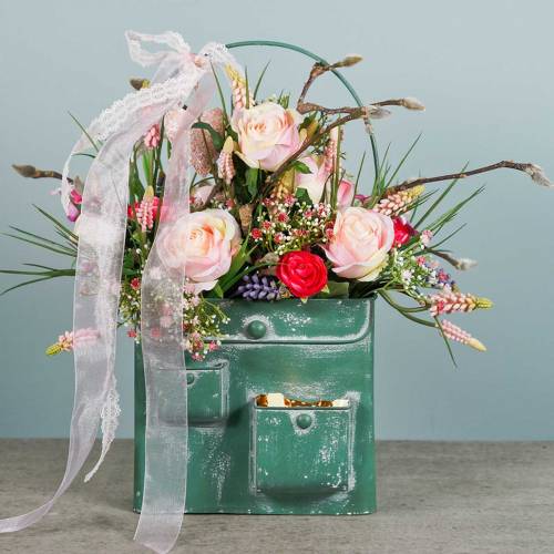 Product Planter bag with handle metal green, white washed H20cm
