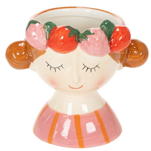 Girl's face in a flower pot with sleeping strawberries, decoration for living room, spring, 13cm