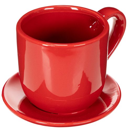 Large Red Ceramic Cup Planter with Attached Saucer, 17cm | Floristik24.co.uk