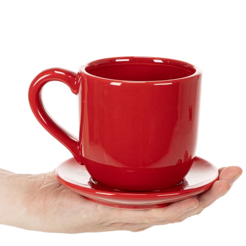 Large Red Ceramic Cup Planter with Attached Saucer, 17cm | Floristik24.co.uk