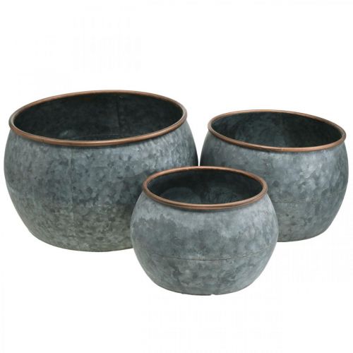 Floristik24 Decorative pot, planter bowl, metal vessel silver, copper-colored antique look H22 / 20.5 / 16.5cm Ø39 / 30.5 / 25cm set of 3