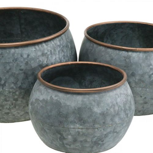Product Decorative pot, planter bowl, metal vessel silver, copper-colored antique look H22 / 20.5 / 16.5cm Ø39 / 30.5 / 25cm set of 3
