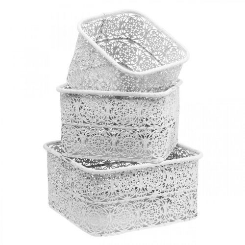 Product Metal bowls lace pattern, square decorative vessel, shabby chic, white 27/23/19cm H13.5cm set of 3