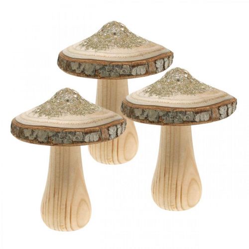 Wooden Mushroom Bark and Glitter Decoration Mushrooms Wood H8.5cm 4 pcs