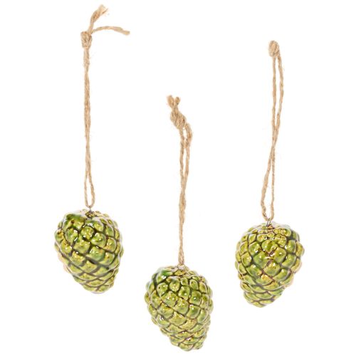 Green Ceramic Pine Cone Hanging Decorations – Set of 3, 5cm