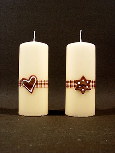 Floristik24 Pillar candle cream with waxed star / heart on checkerband