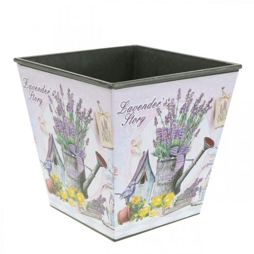 Plant pot lavender motif, square decorative pot, plastic cachepot H13cm W13.5cm