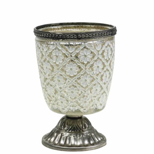 Floristik24 Tea light glass cup rustic silver floral Ø9cm H13.5cm