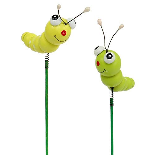 Product Wooden caterpillar on stick green, yellow 8cm 24 pcs
