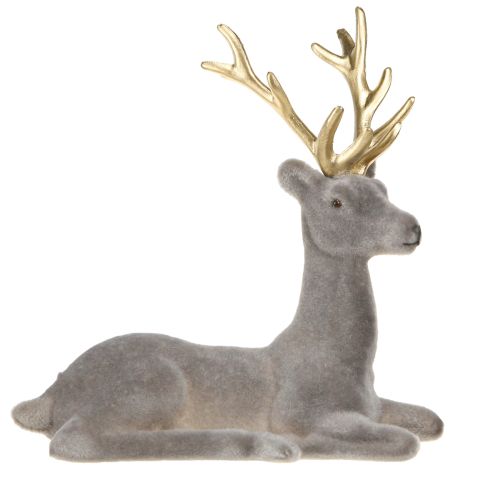 Sitting deer decoration flocked grey gold 15×6×15.5cm