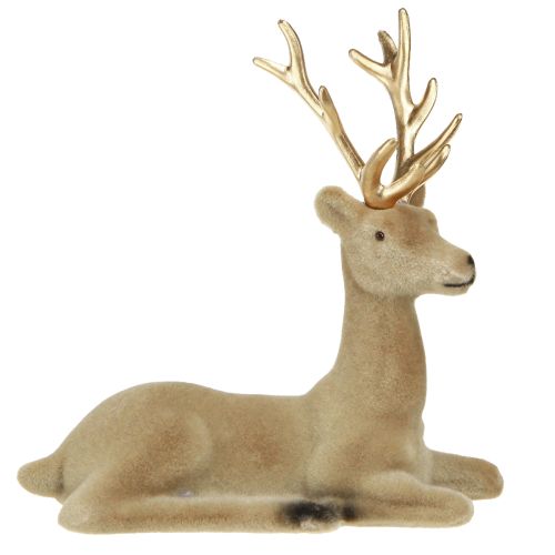Sitting deer decoration flocked light brown 15×6×15.5cm