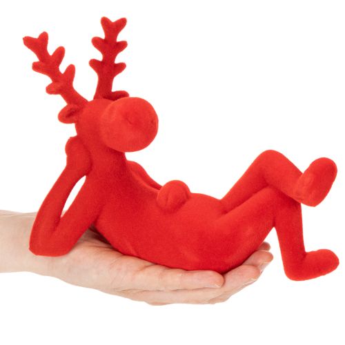 Red Flocked Lying Reindeer Decoration Set of 2 - 24cm | Floristik24.co.uk