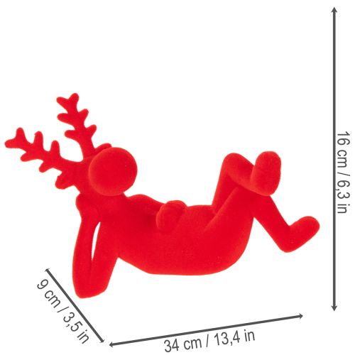 Red Flocked Lying Reindeer Decoration Set of 2 - 24cm | Floristik24.co.uk