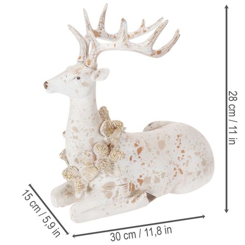 Sitting Reindeer Figurine with Antlers, 30cm, White and Grey, Indoor Decoration | Floristik24.co.uk