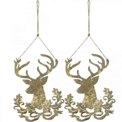 Product Reindeer for hanging, Christmas decoration, deer head, metal pendant golden antique look H23cm 2 pcs