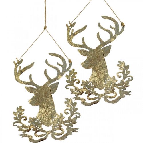 Product Reindeer for hanging, Christmas decoration, deer head, metal pendant golden antique look H23cm 2 pcs